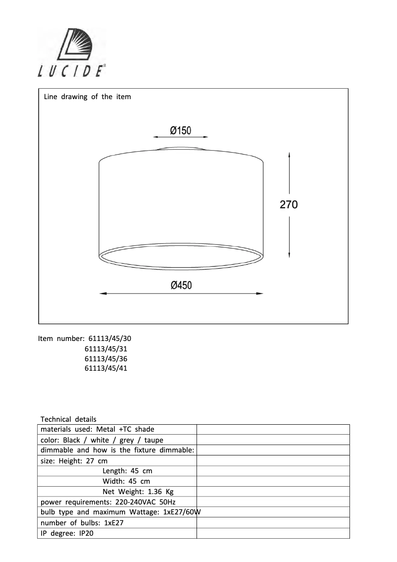 Page 1 de la notice Manuel utilisateur Lucide Coral 61113/45/30