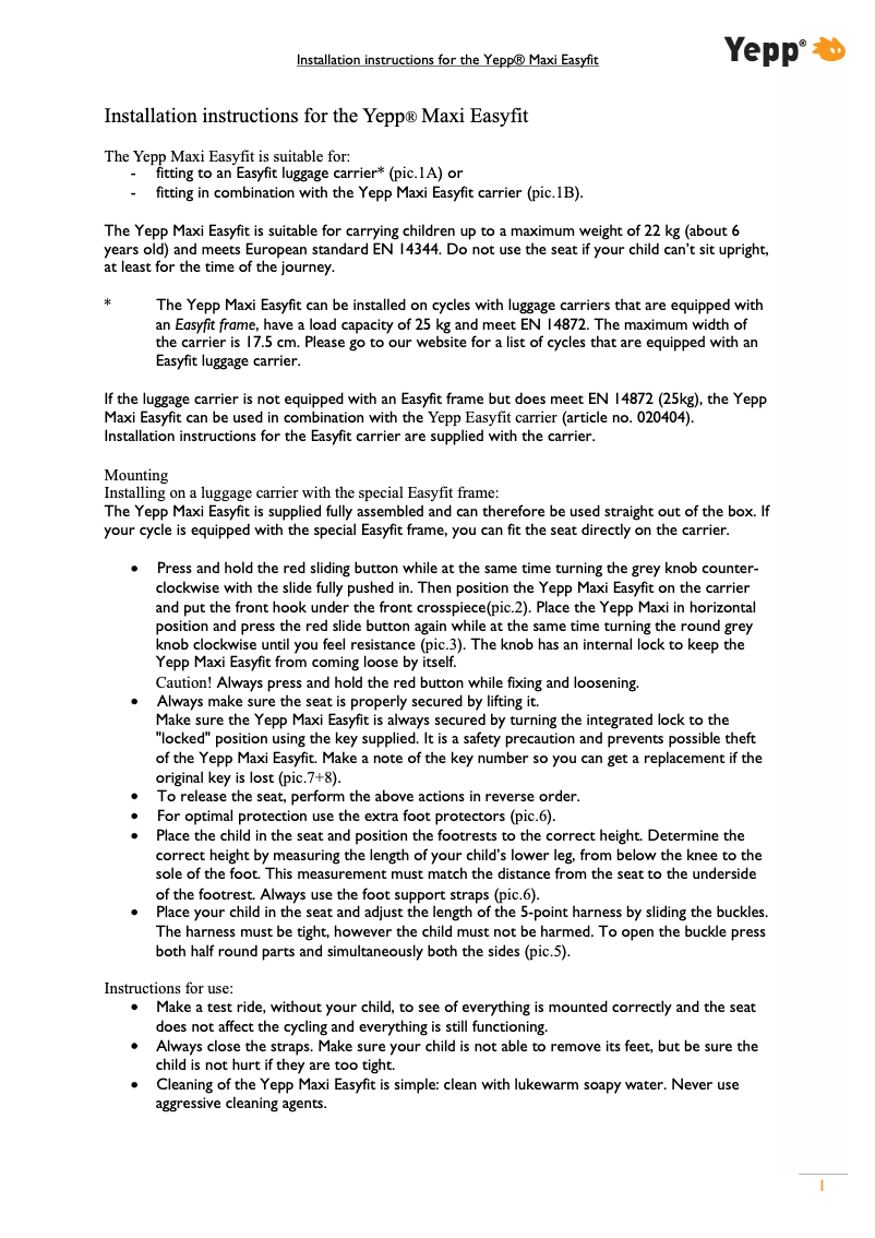 Page 1 de la notice Manuel utilisateur Yepp GMG Maxi Easyfit
