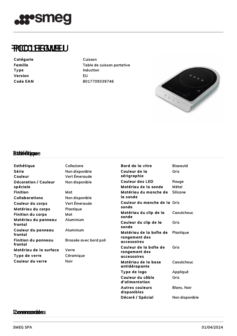 Page 1 de la notice Fiche technique Smeg PIC01