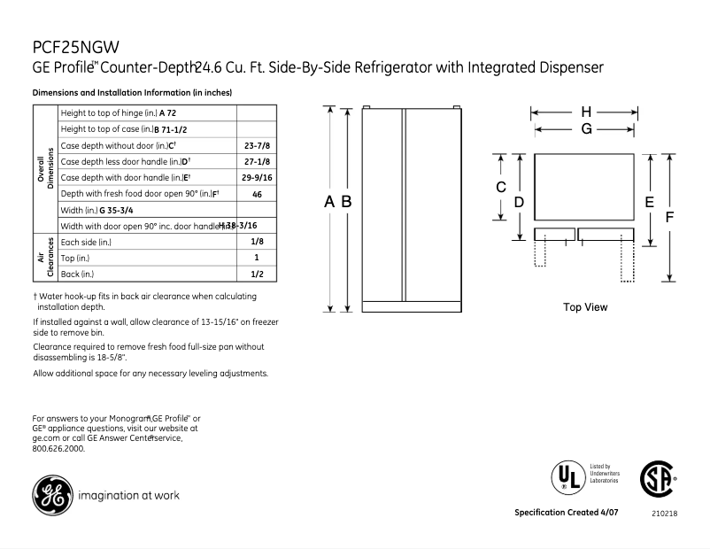 Page n°1 - Fiche technique GE Profile PCF25NGWBB