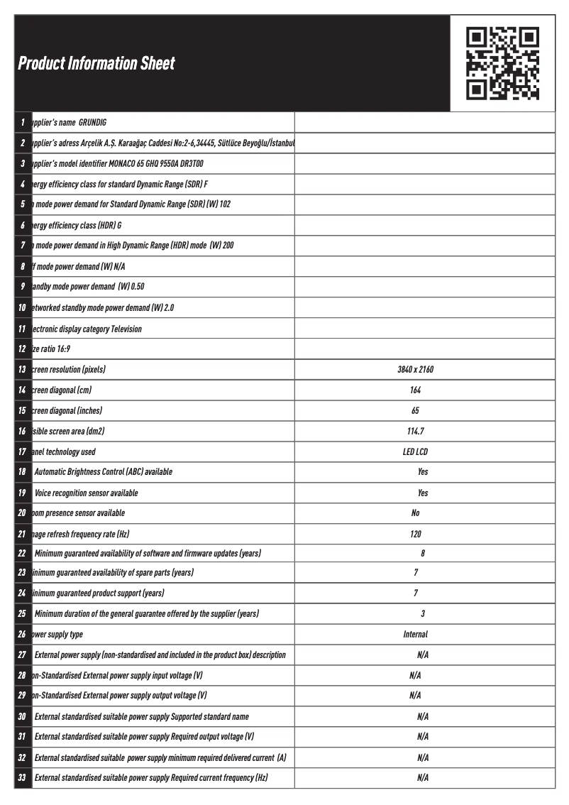 Page n°1 - Fiche technique Grundig MONACO 65 GHQ 9550A