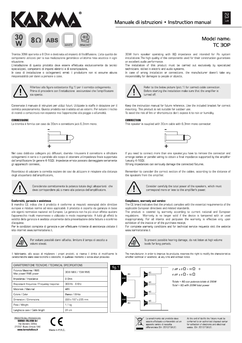 Page 1 de la notice Manuel utilisateur Karma TC 30P