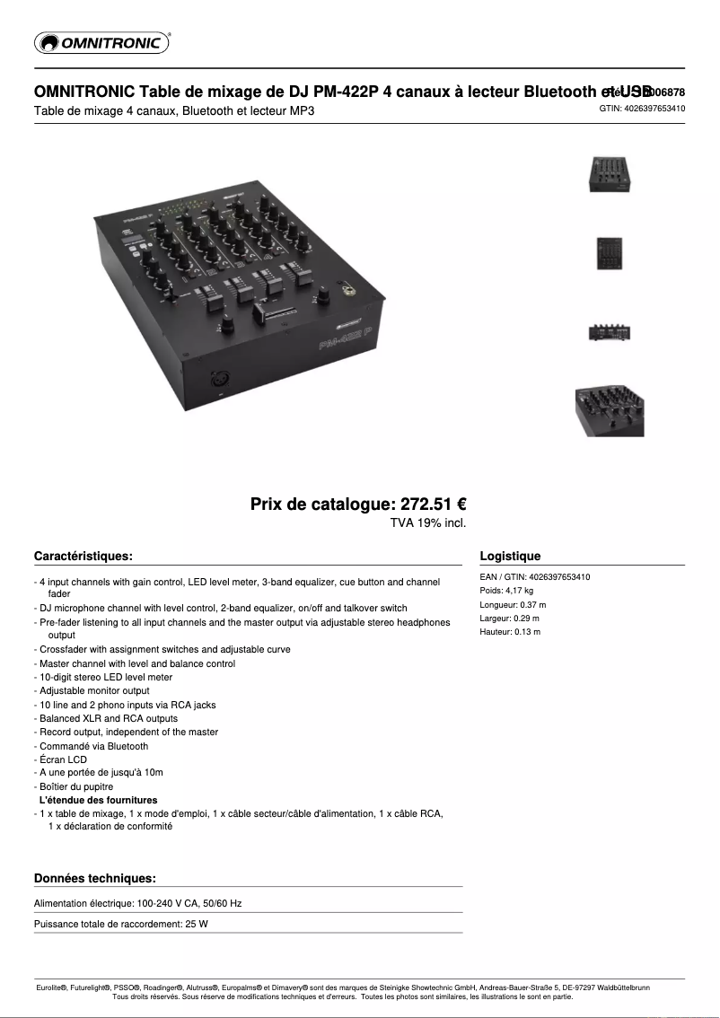 Page 1 de la notice Fiche technique Omnitronic PM-422P