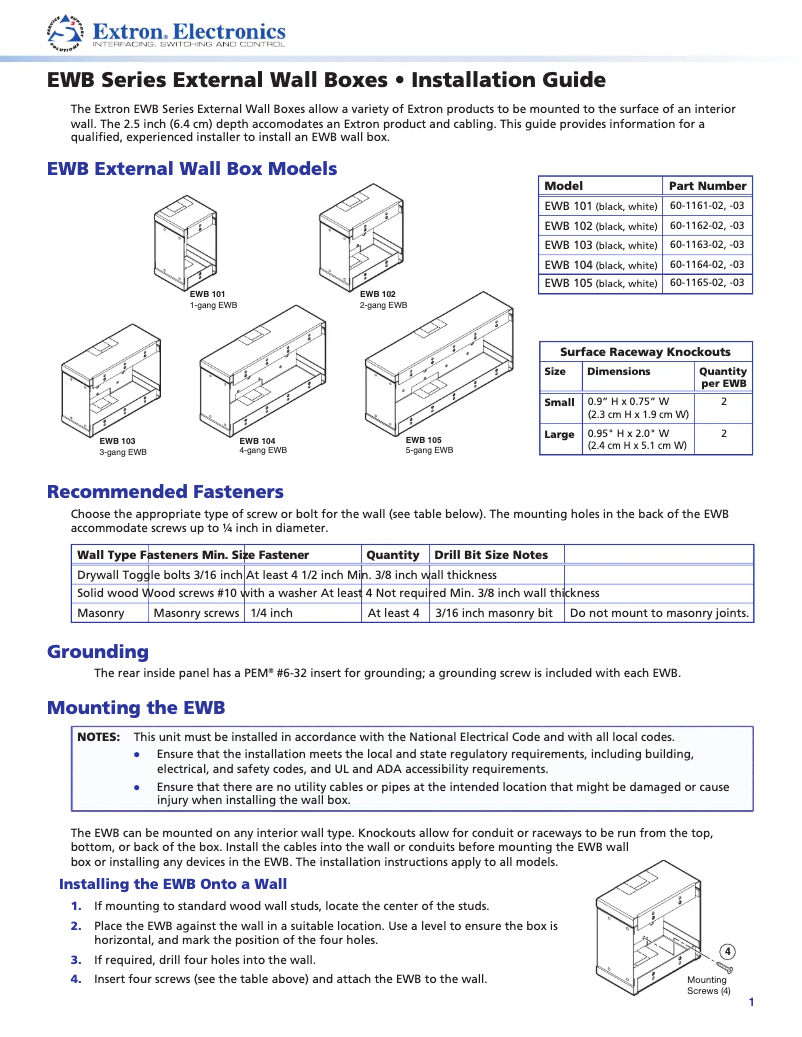 Page 1 de la notice Manuel utilisateur Extron EWB Series