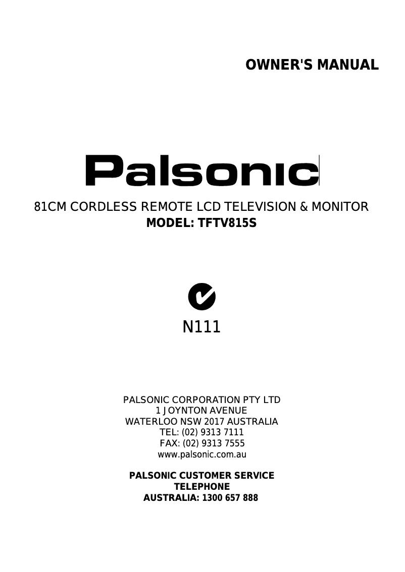 Page n°1 - Manuel utilisateur Palsonic TFTV815S