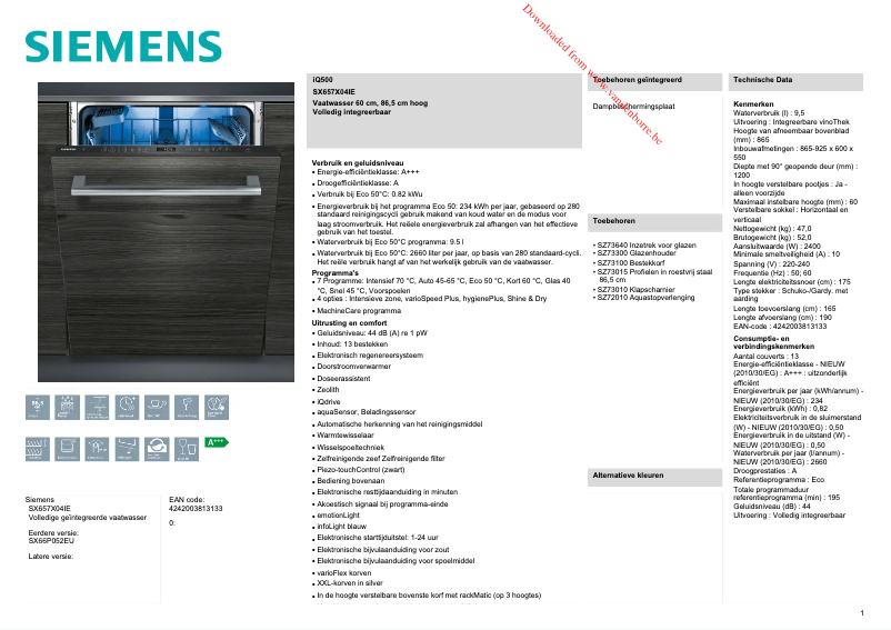 Page 1 de la notice Fiche technique Siemens SX657X04IE