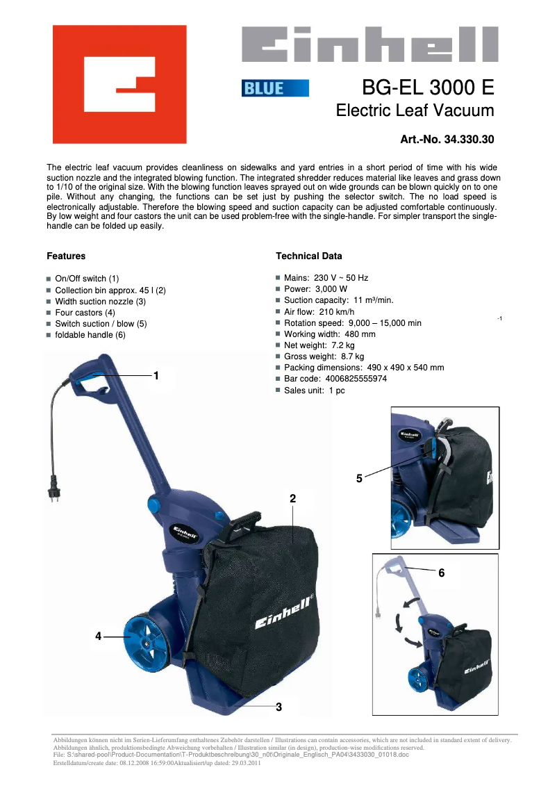 Page 1 de la notice Manuel utilisateur Einhell BG-EL 3000 E