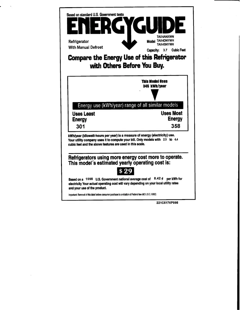 Page 1 de la notice Label énergétique GE TAX4DNYWH
