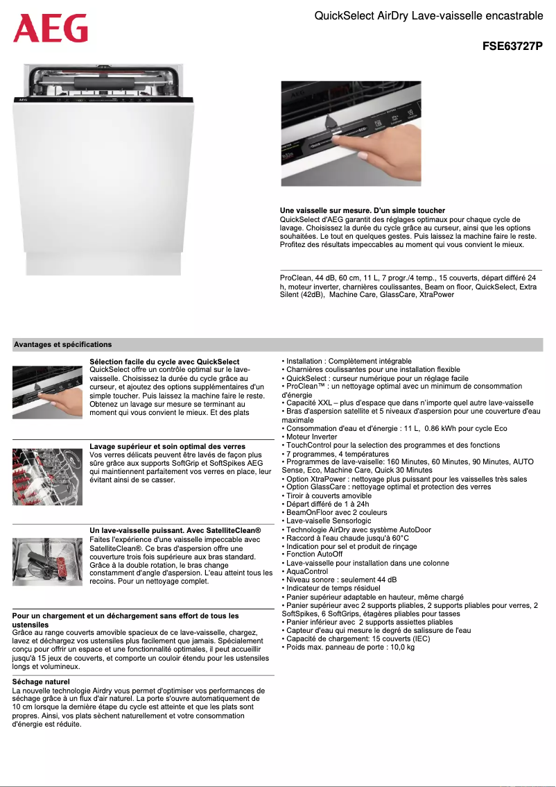 Page 1 de la notice Fiche technique AEG FSE63727P