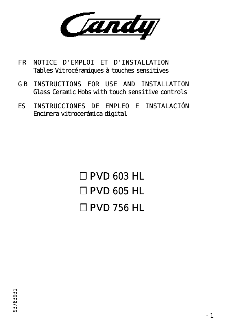 Page 1 de la notice Manuel utilisateur Candy PC PVD603HLX