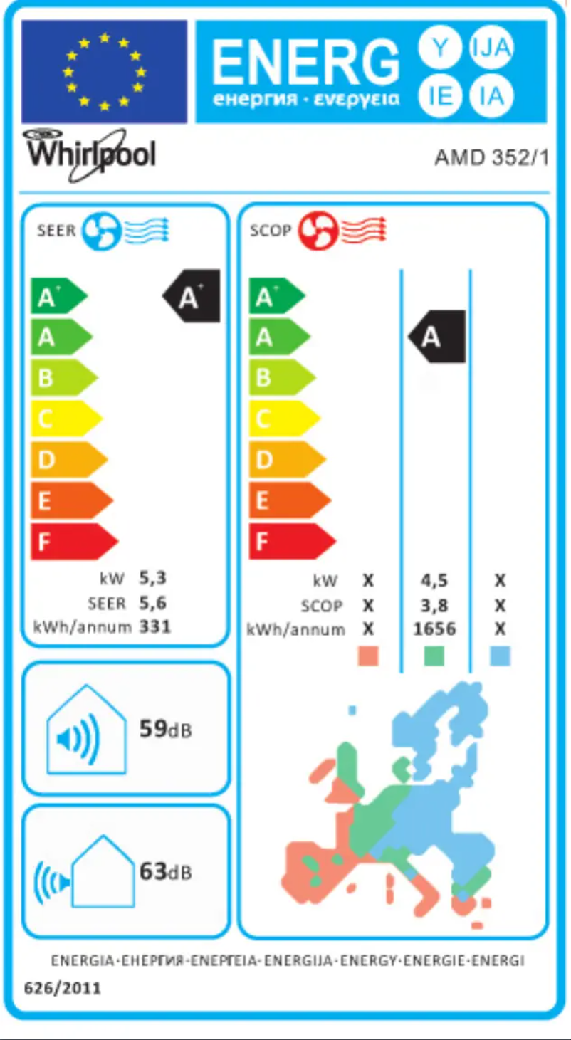 Page 1 de la notice Label énergétique Whirlpool AMD 352/1