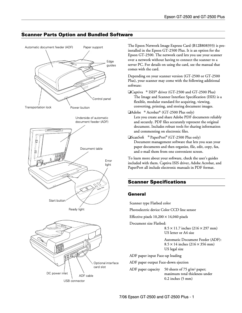 Page 1 of the manual Technical Sheet Epson GT-2500 Plus