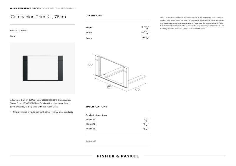 Page 1 de la notice Fiche technique Fisher & Paykel TK30NDBB1