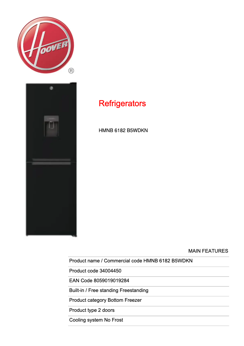 Page n°1 - Fiche technique Hoover HMNB 6182 B5WDKN