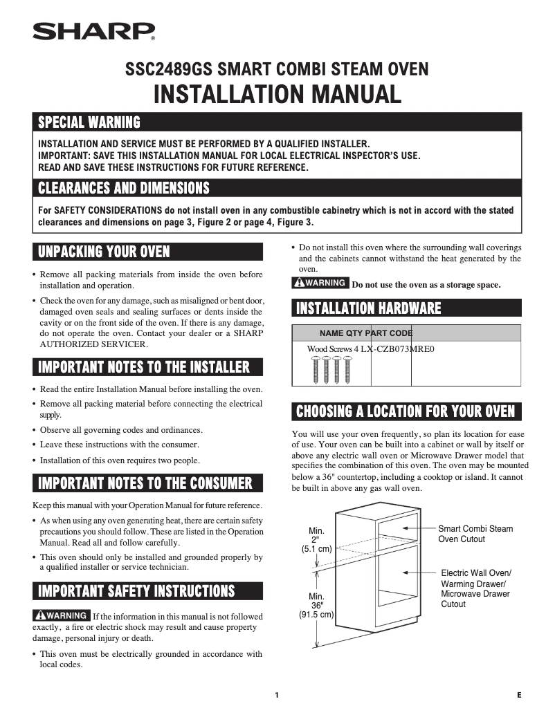 Page n°1 - Guide d'installation Sharp SSC2489GS