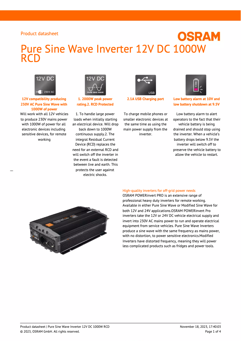 Page 1 de la notice Fiche technique Osram Pure Sine Wave 12V DC 1000W RCD