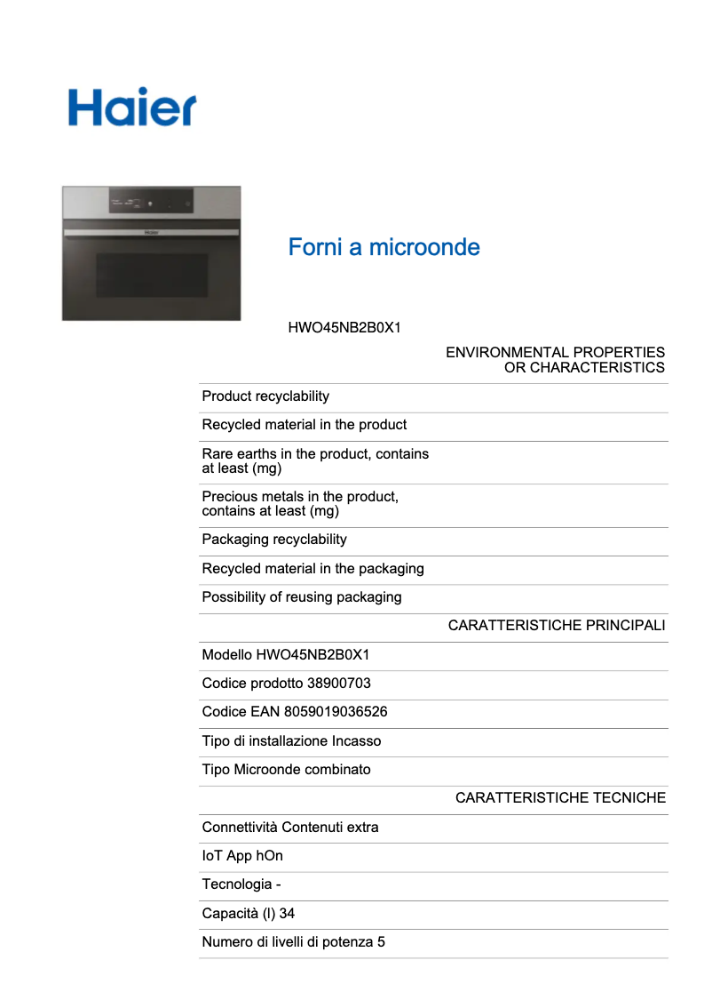 Page 1 de la notice Fiche technique Haier HWO45NB2B0X1