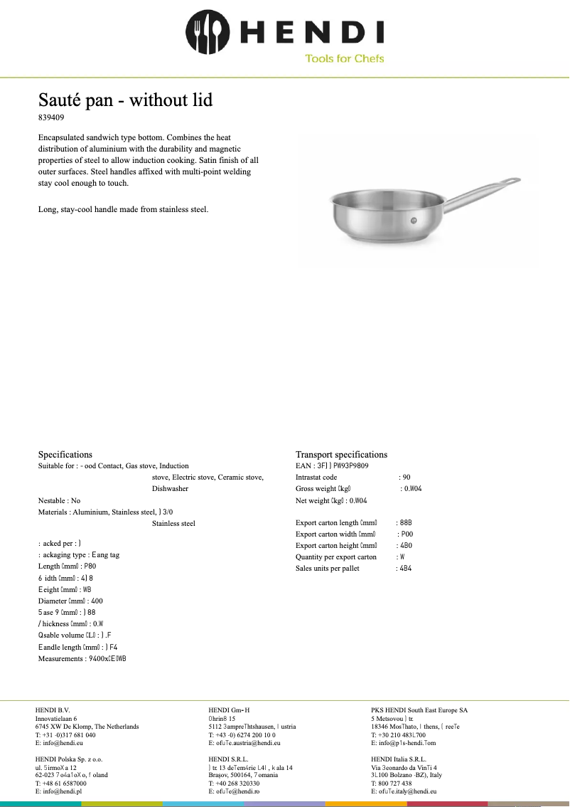 Page 1 de la notice Fiche technique Hendi 839300