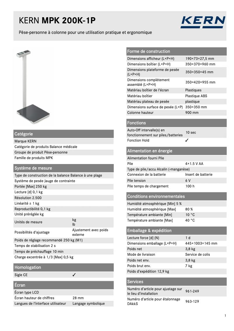 Page 1 de la notice Fiche technique Kern MPK 200K-1P