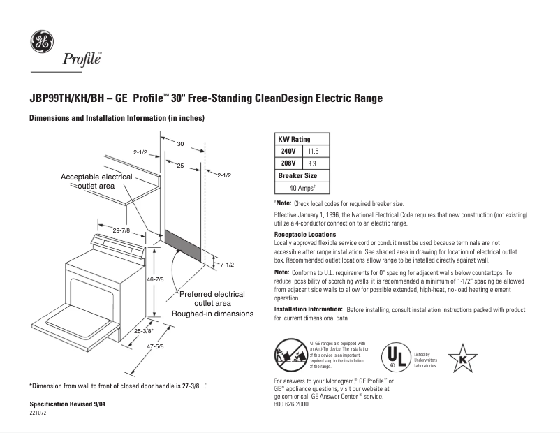 Page n°1 - Fiche technique GE Profile JBP99BHBB