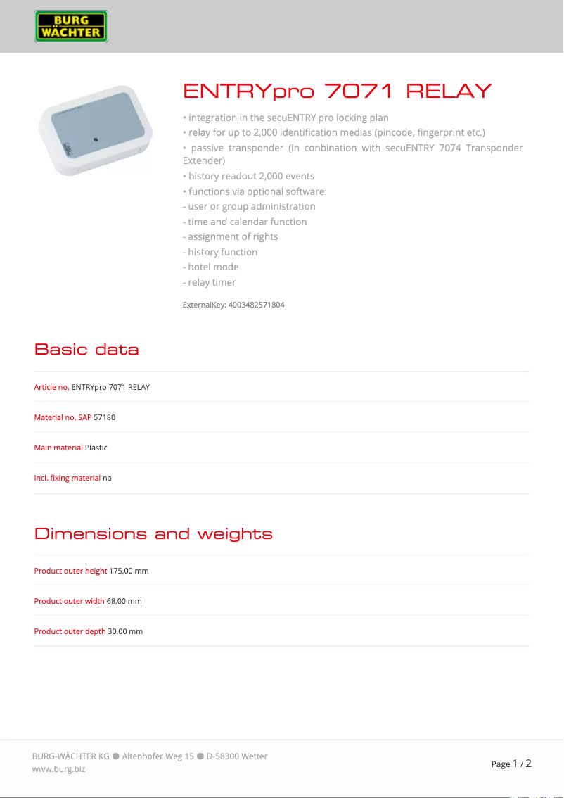 Page 1 de la notice Manuel utilisateur Burg Wächter ENTRYpro 7071 RELAY