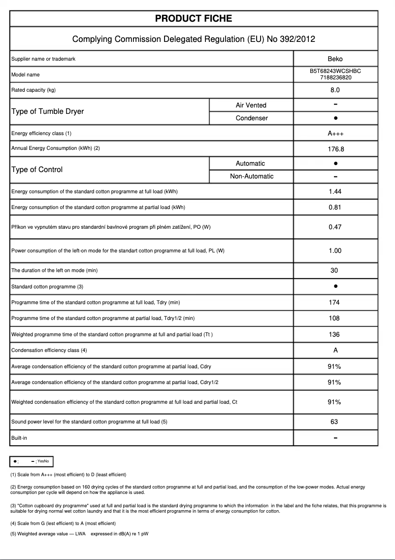 Page 1 de la notice Fiche technique Beko B5T68243WCSHBC