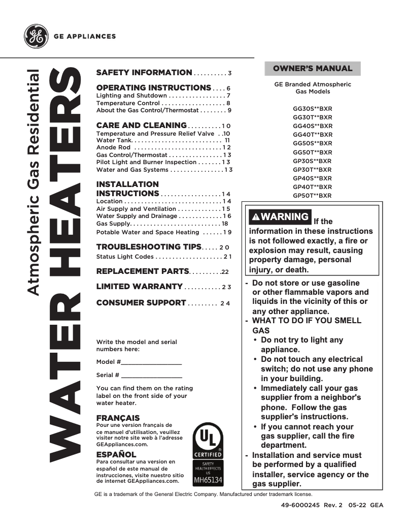 Página 1 del manual Manual de uso y mantenimiento GE GG50T12BXR