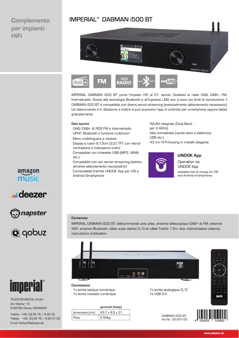 Page 1 de la notice Fiche technique Imperial DABMAN i500 BT