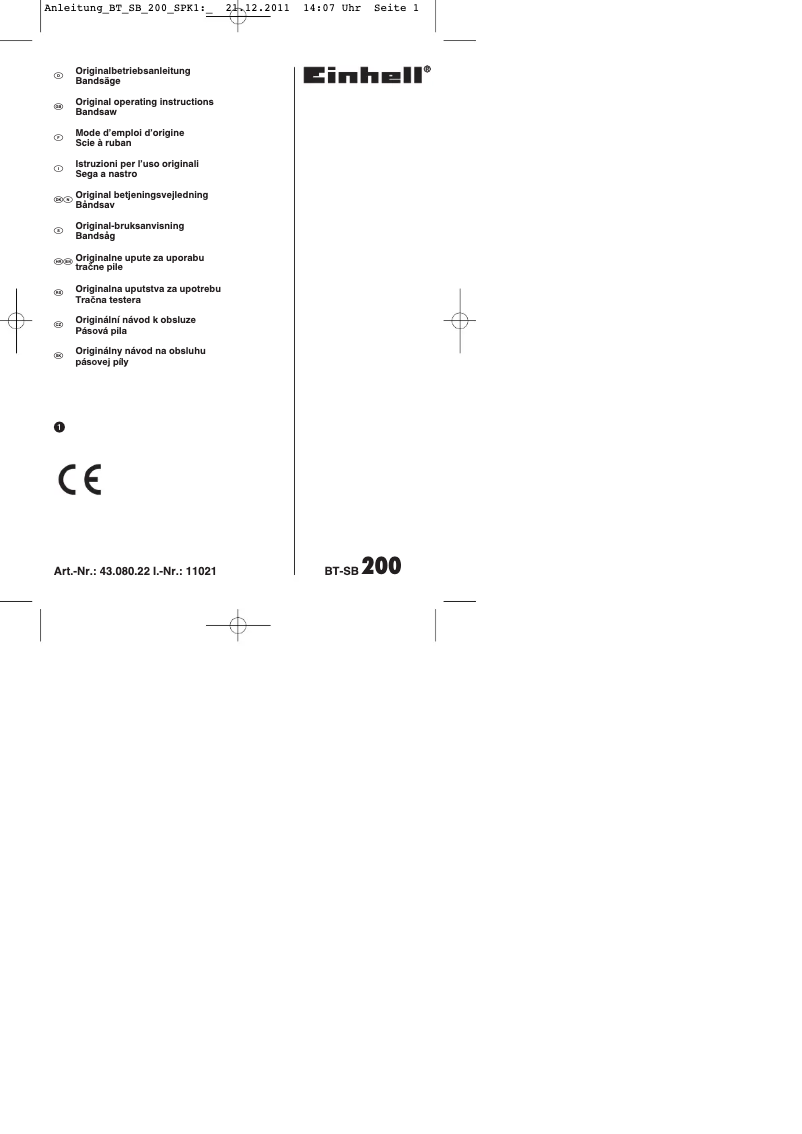 Page 1 de la notice Manuel utilisateur Einhell BT-SB 200