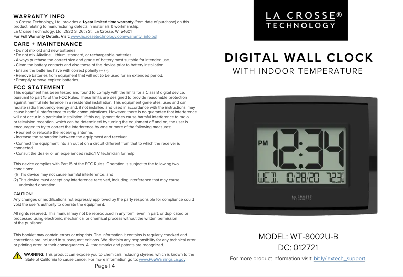 Page 1 de la notice Manuel utilisateur La Crosse Technology WT-8002U-B