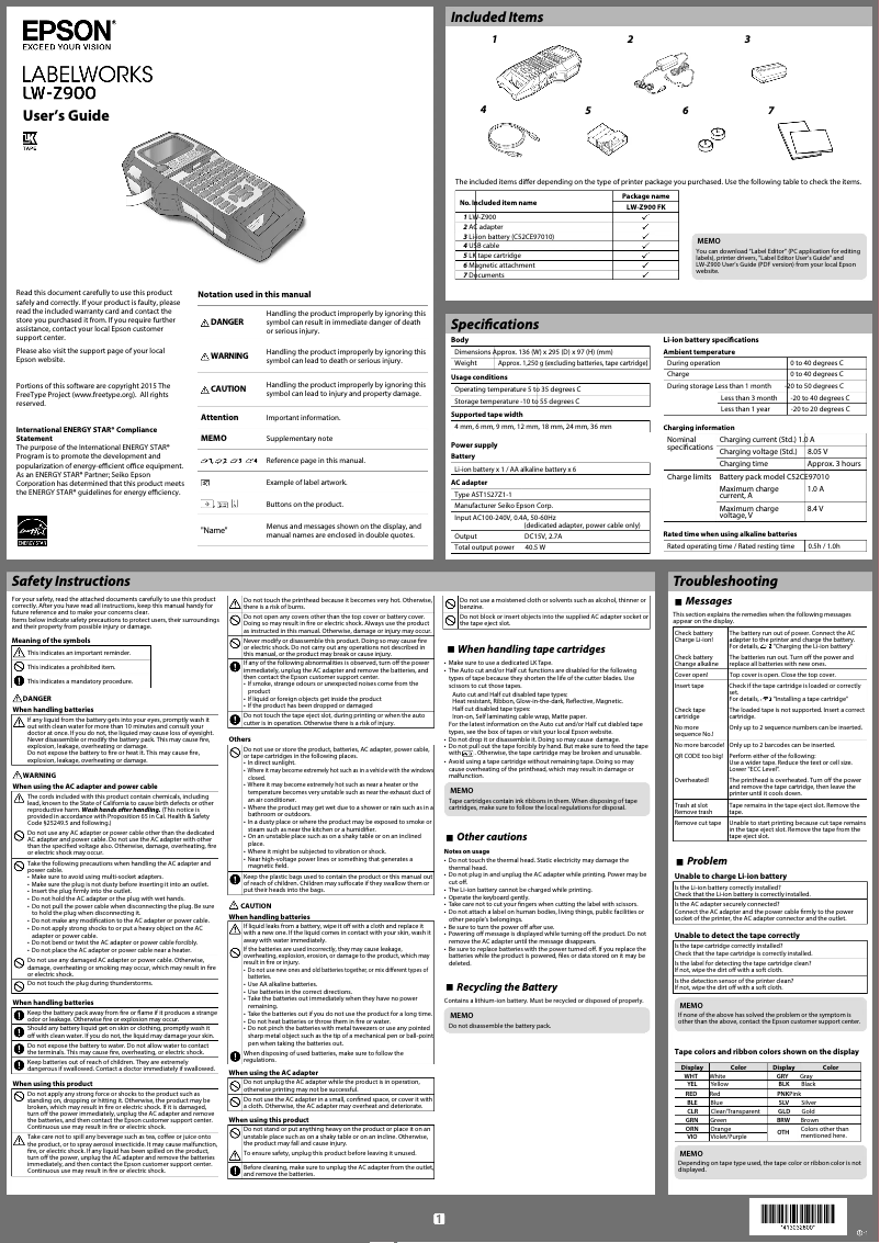 Page 1 de la notice Guide d'installation Epson LabelWorks LW-Z900