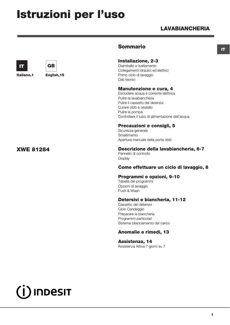 Page 1 de la notice Manuel utilisateur Indesit XWE 81284X WWGG IT