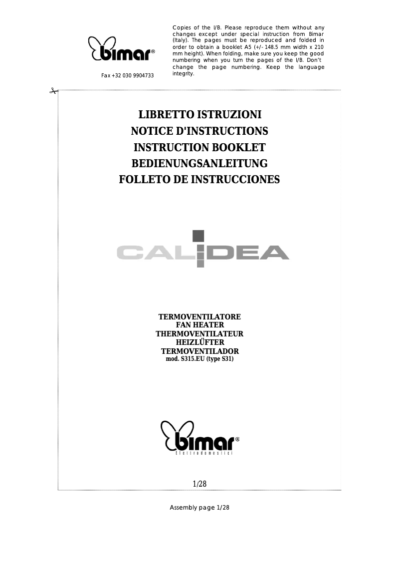 Page 1 de la notice Manuel utilisateur Bimar S315.EU