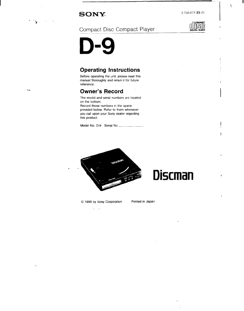 Page 1 de la notice Manuel utilisateur Sony Discman D-9