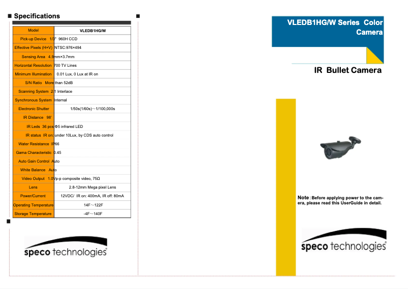 Page 1 de la notice Manuel utilisateur Speco Technologies VLEDB1HG