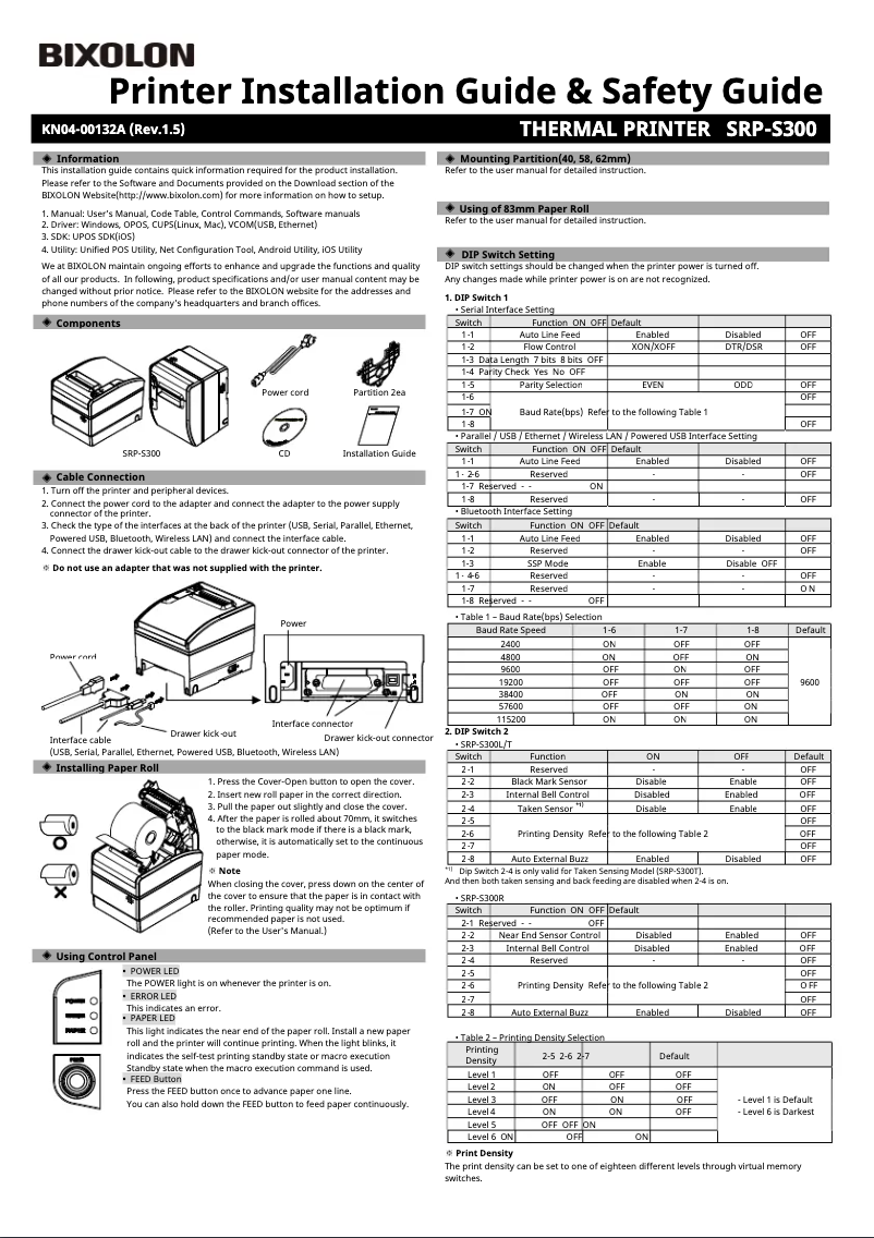 Page 1 de la notice Guide d'installation Bixolon SRP-S300Hi