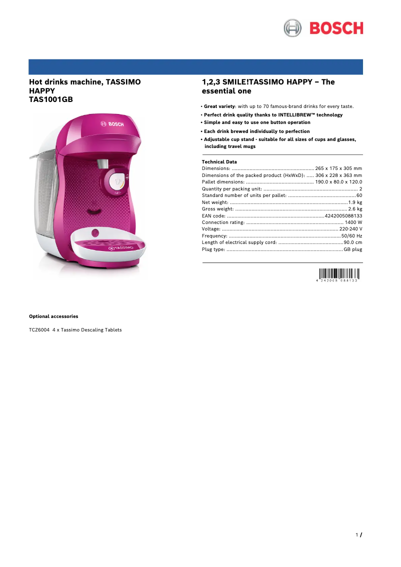 Page n°1 - Fiche technique Bosch Tassimo Happy TAS1001GB