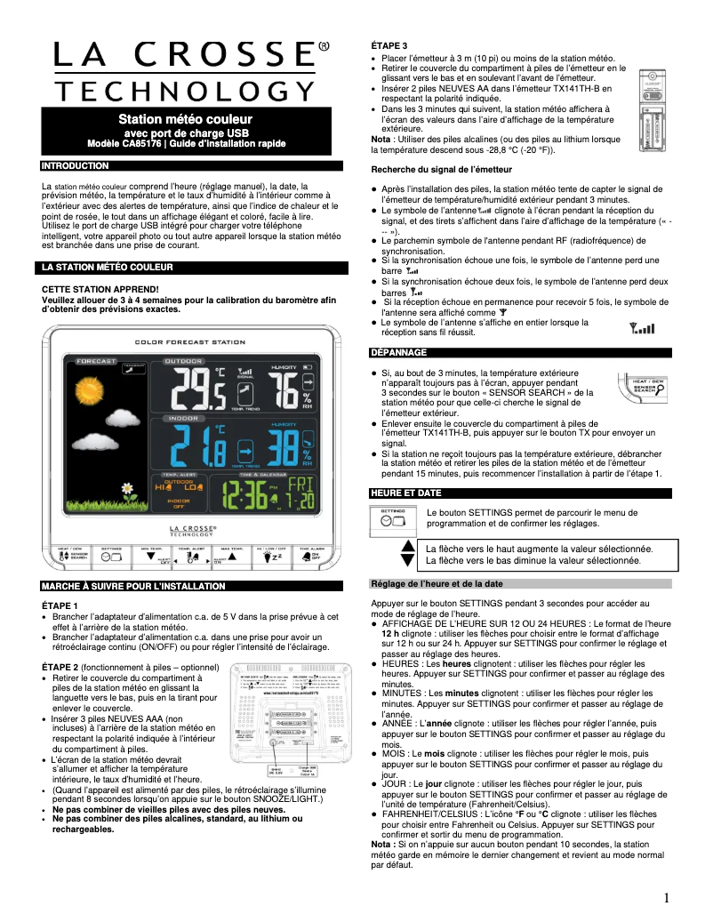 Page n°1 - Manuel utilisateur La Crosse Technology CA85176