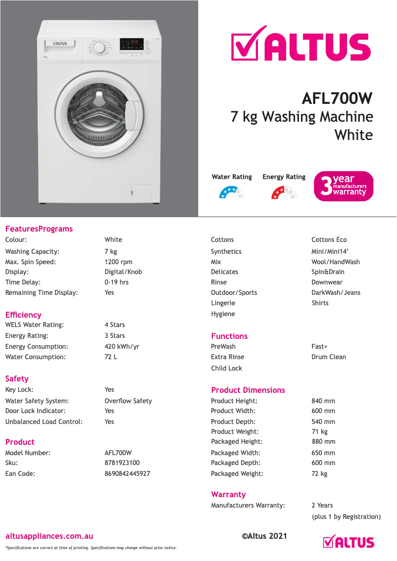 Page n°1 - Fiche technique Altus AFL700W