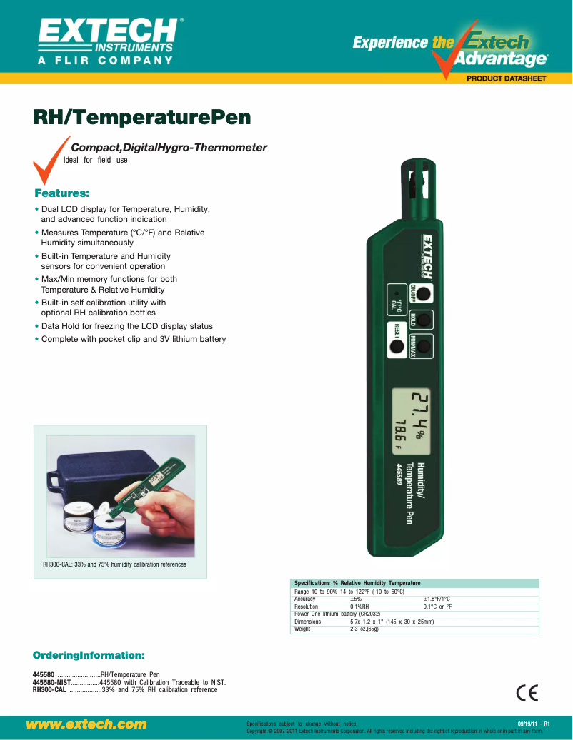 Page 1 de la notice Fiche technique Extech 445580