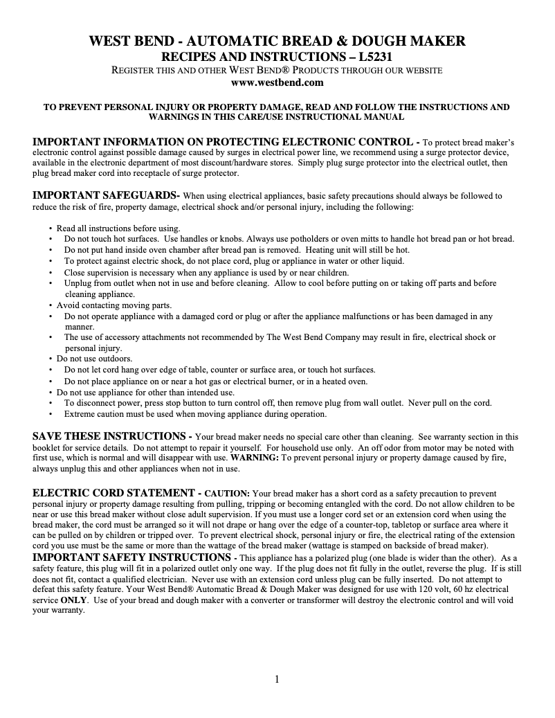 Page 1 de la notice Manuel utilisateur WestBend 41064Z