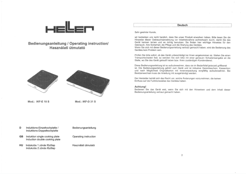 Page 1 de la notice Manuel utilisateur Heller IKF-E 18 S
