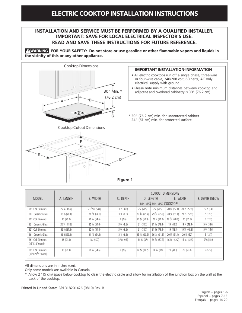 Page 1 de la notice Guide d'installation Frigidaire FFEC3205LW