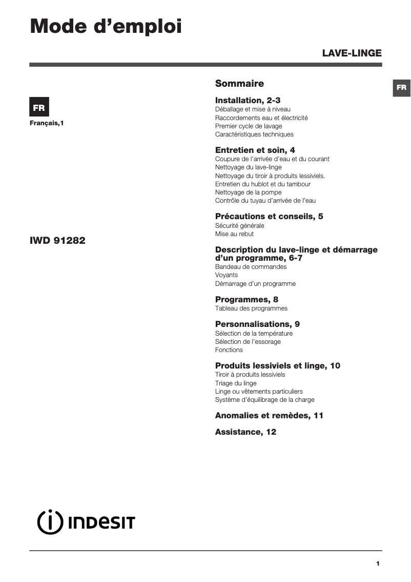 Page 1 de la notice Manuel utilisateur Indesit IWD 91282