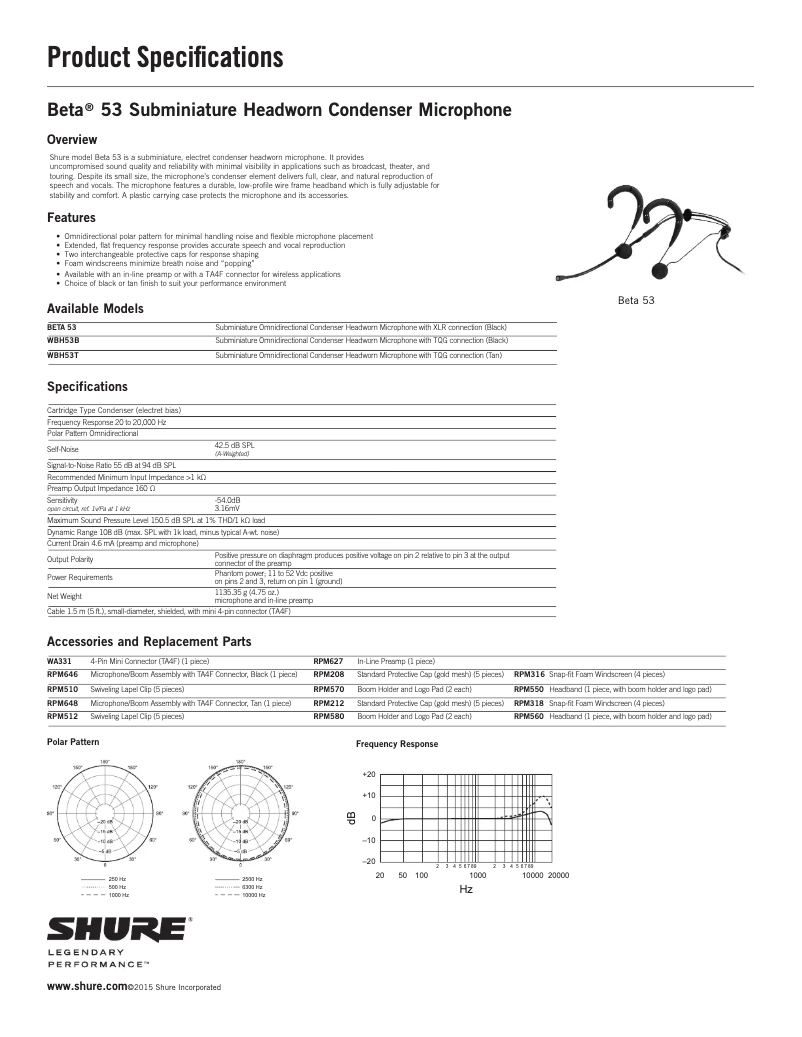Page 1 de la notice Fiche technique Shure BETA 53