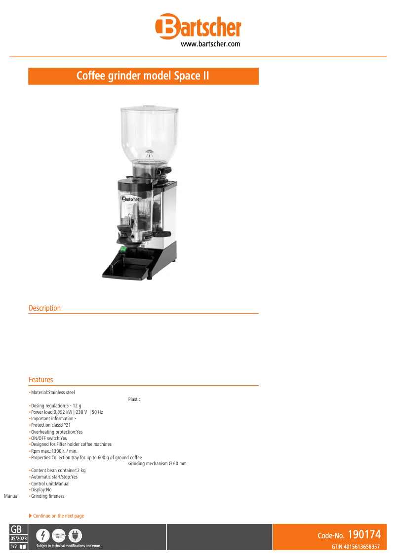 Página 1 del manual Ficha técnica Bartscher Aurora 16