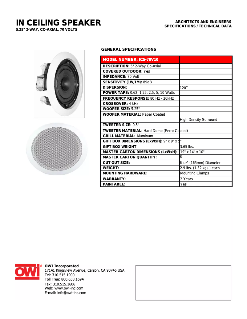 Page n°1 - Manuel utilisateur OWI IC5-70V10