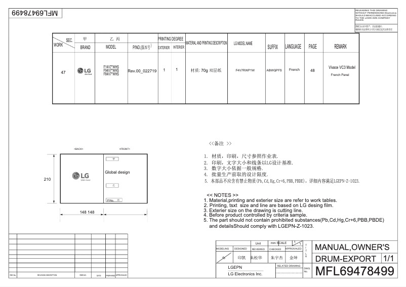 Page 1 de la notice Manuel utilisateur LG F94V71WHS
