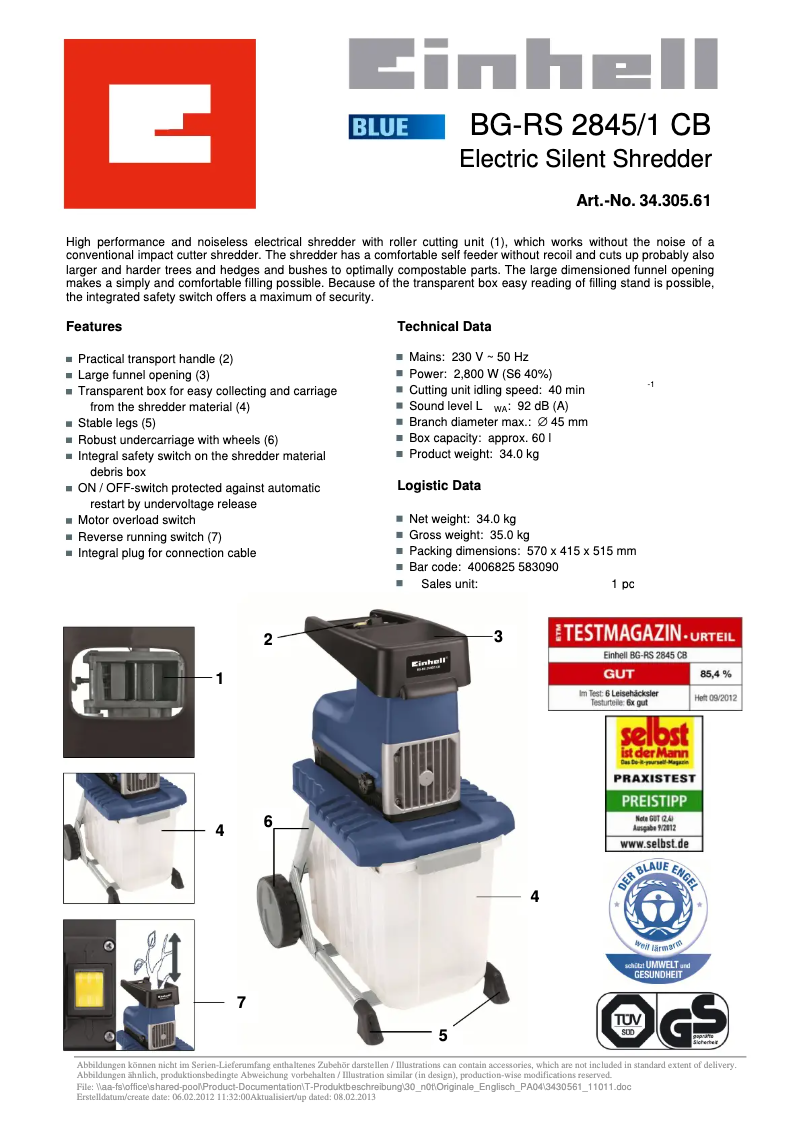 Page n°1 - Fiche technique Einhell BG-RS 2845