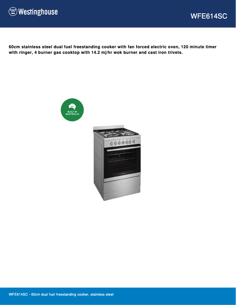 Page n°1 - Fiche technique Westinghouse WFE614SC